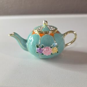 Elegant Teal Teapot Trinket Box  with Floral Design NWT